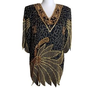 Vintage Kush Imports Silk Blouse Sz Medium Black Gold Sequin Beaded Petal Sleeve